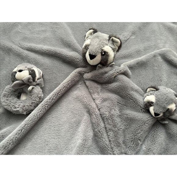 Little Miracles 3 Pc Raccoon Lovey Rattle Security Blanket Set Plush Baby Gray - Picture 3 of 6